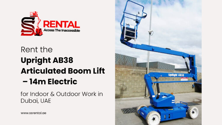 Rent the Upright AB38 Articulated Boom Lift – 14m Electric for Indoor & Outdoor Work in Dubai, UAE